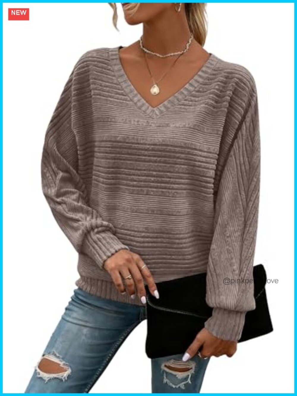 Womens V-Neck Batwing Sleeve Tunic Sweater Pullover Loose Fit Long Sleeve
